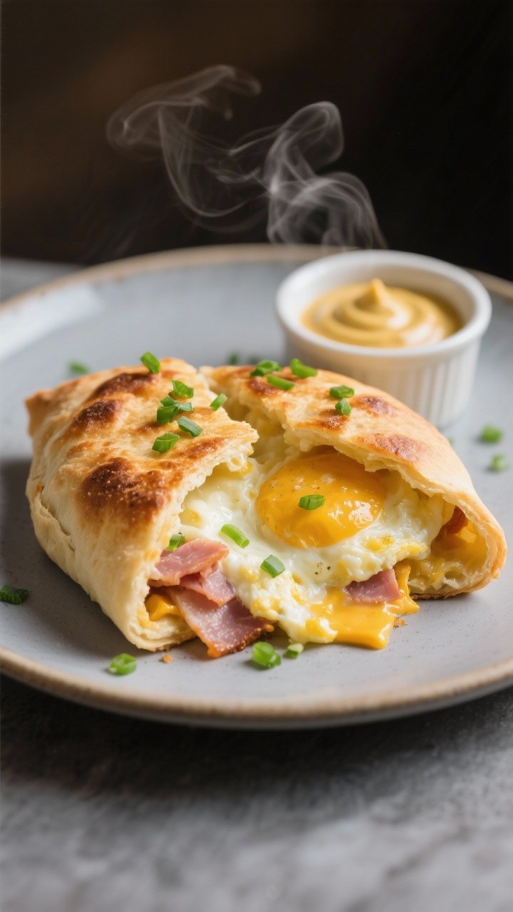 Final plated dish: Restaurant-quality presentation of a halved breakfast pocket made with pizza doug