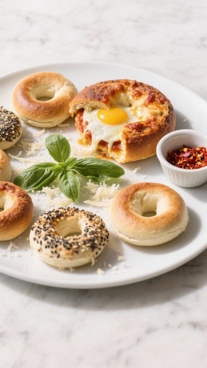 Final plated dish: Restaurant-quality presentation of mini bagel pizzas on a matte white platter, ar