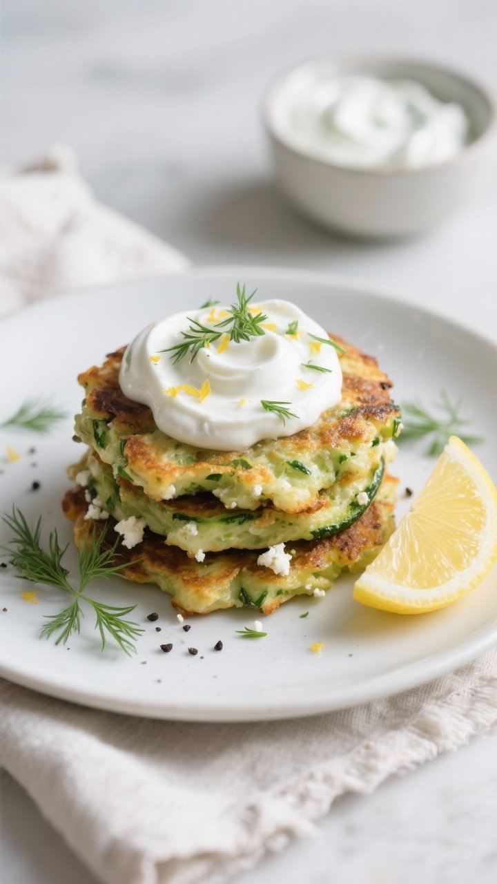 Final plated dish: Stack of zucchini & feta fritters on a matte white plate with a generous dollop o