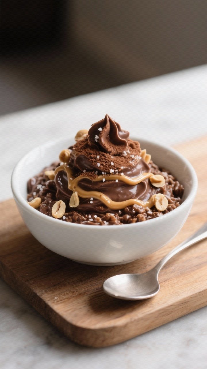 Final plated hero: Restaurant-quality presentation of chocolate peanut butter overnight oats in a ma