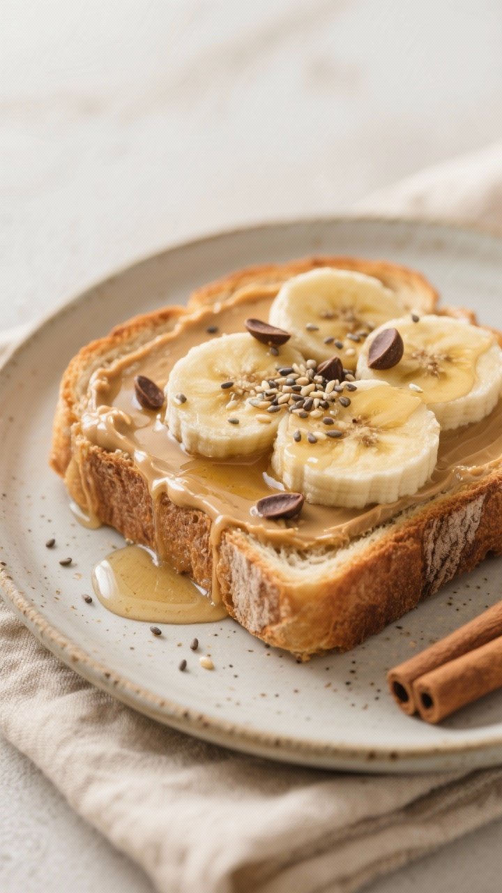 Final plated hero shot: Beautifully plated Peanut Butter Banana Toast (thick sourdough slice) with o