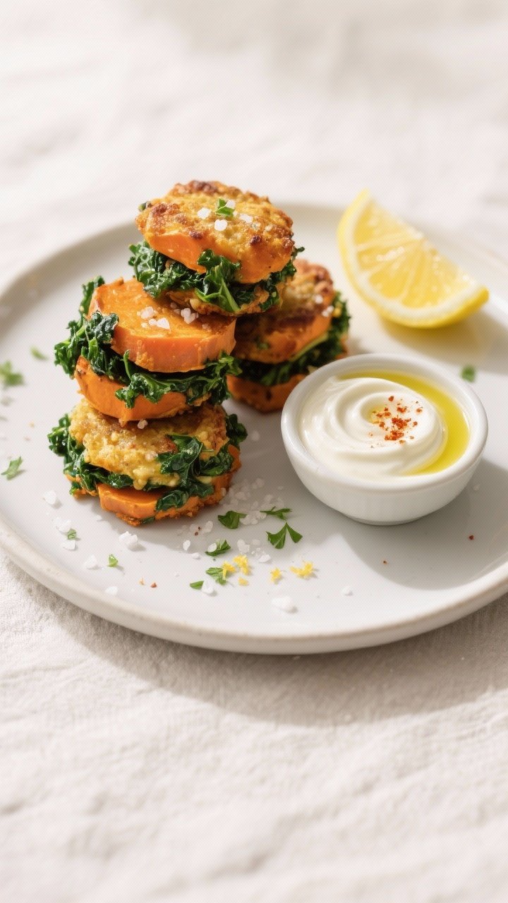 Final plated hero shot: Beautifully plated Sweet Potato & Kale Bites stacked casually on a matte whi
