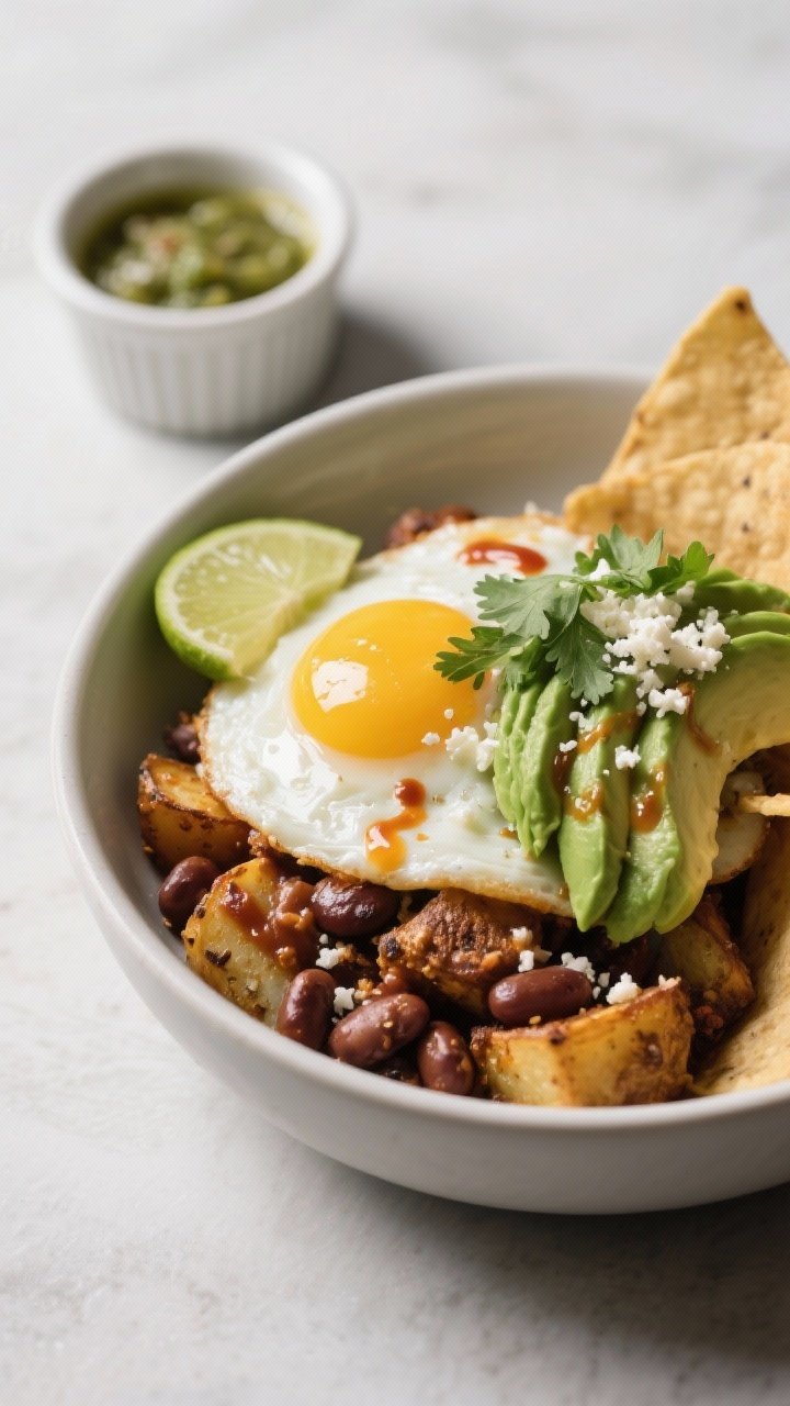Final plated hero shot: Restaurant-quality presentation of the savory breakfast bowl, three-quarter 