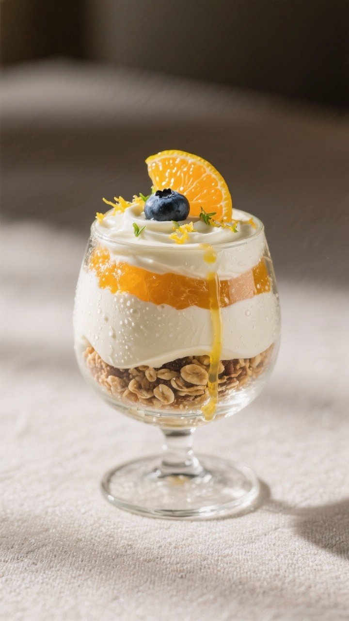 Final plated hero shot: Restaurant-quality presentation of the Yuzu Yogurt Parfait served in a steml