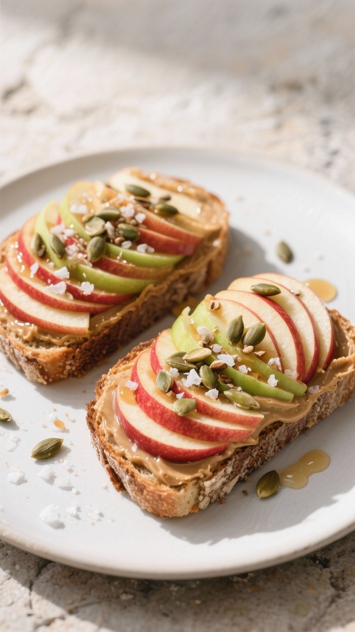 Final plated hero shot: Restaurant-quality presentation of Almond Butter & Apple Toast with Hemp See