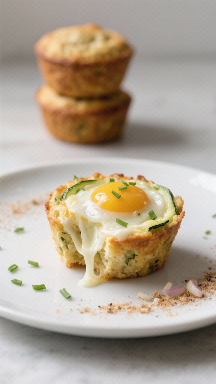 Final plated hero: Single sliced-open egg muffin on a matte white plate, interior showing moist, flu