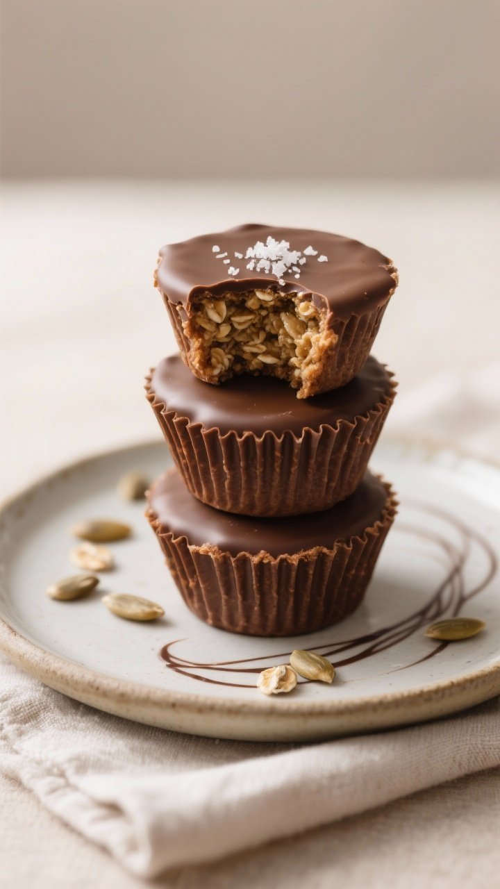 Final plated hero: Three sunflower butter oat cups (liners removed) stacked and staggered on a small