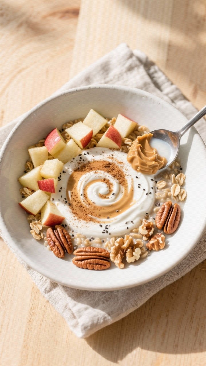 Final plated overhead: Tidy top-down bowl of Apple Cinnamon Oatmeal Protein Boost, artfully arranged