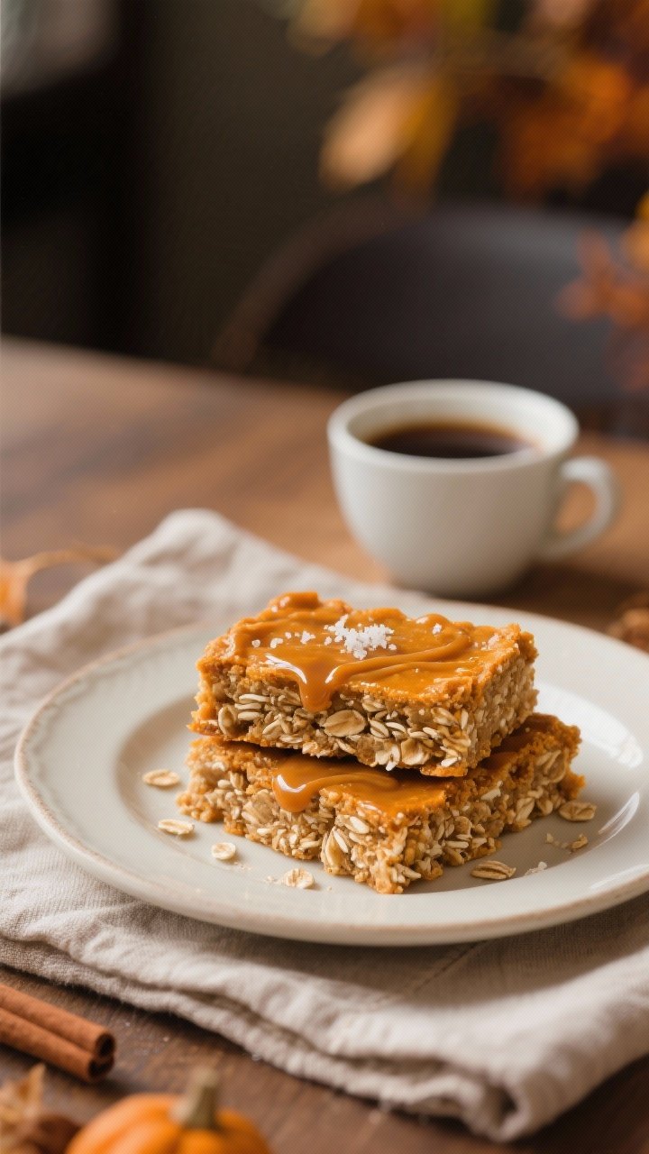 Final plated presentation: A café-style plate with two Pumpkin Spice Oatmeal Bars stacked slightly 