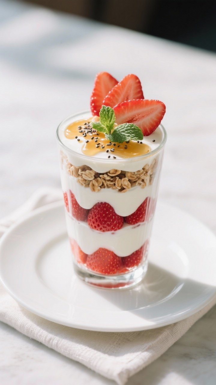 Final plated presentation: A finished strawberry yogurt parfait in a tall clear tumbler with distinc