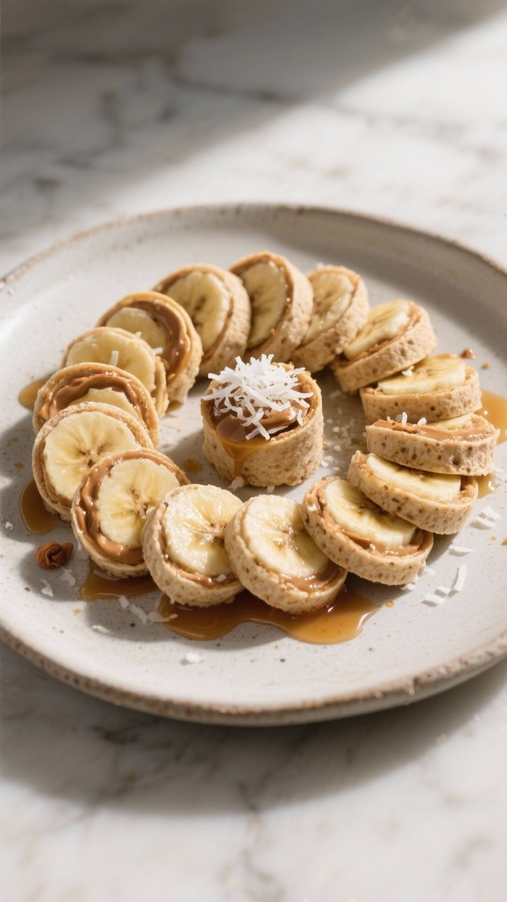 Final plated presentation: A restaurant-quality plate of bite-size Almond Butter Banana Roll-Up coin