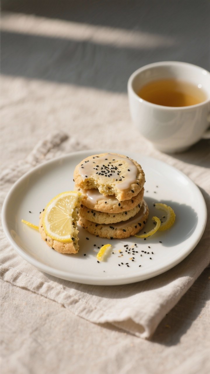 Final plated presentation: a small stack of sorghum lemon poppy cookies on a matte white dessert pla