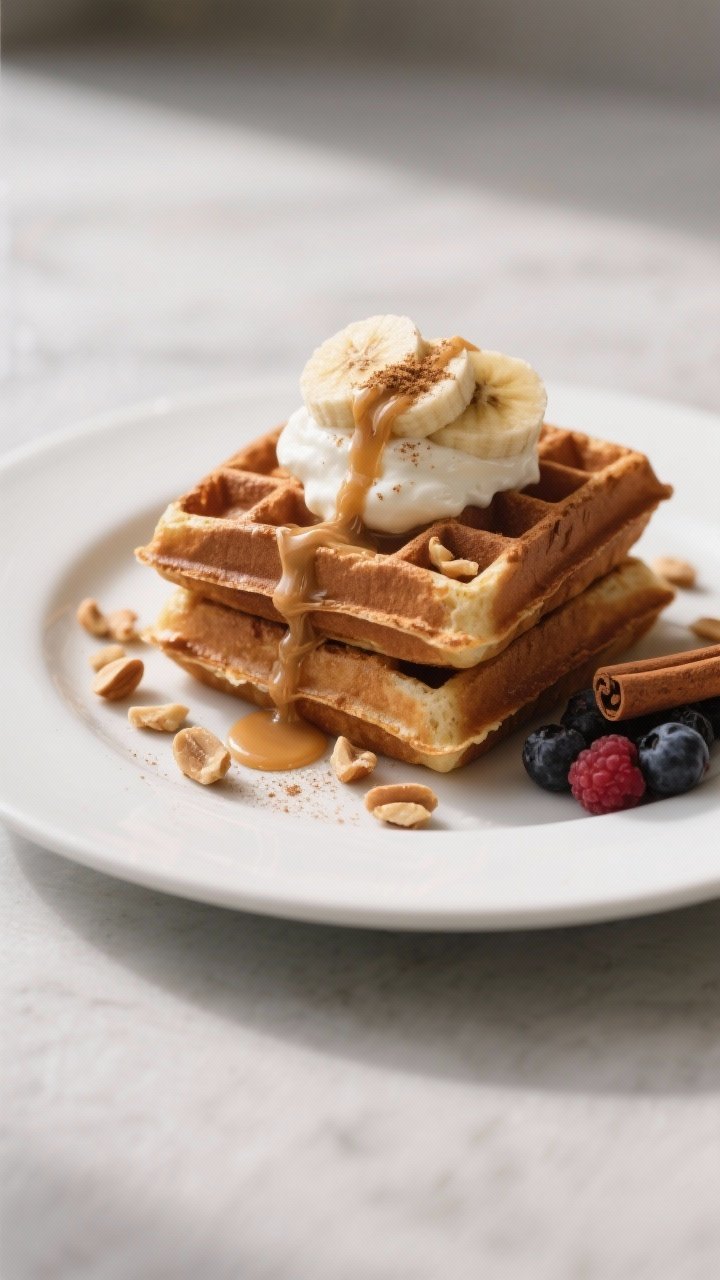 Final plated presentation: A stack of two peanut butter energy waffles on a matte white plate, toppe