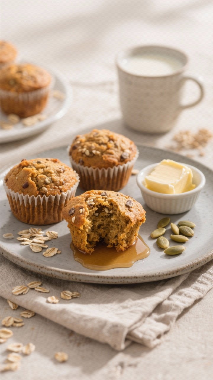 Final plated presentation: Beautifully arranged Amaranth Pumpkin Muffins on a matte stoneware plate,