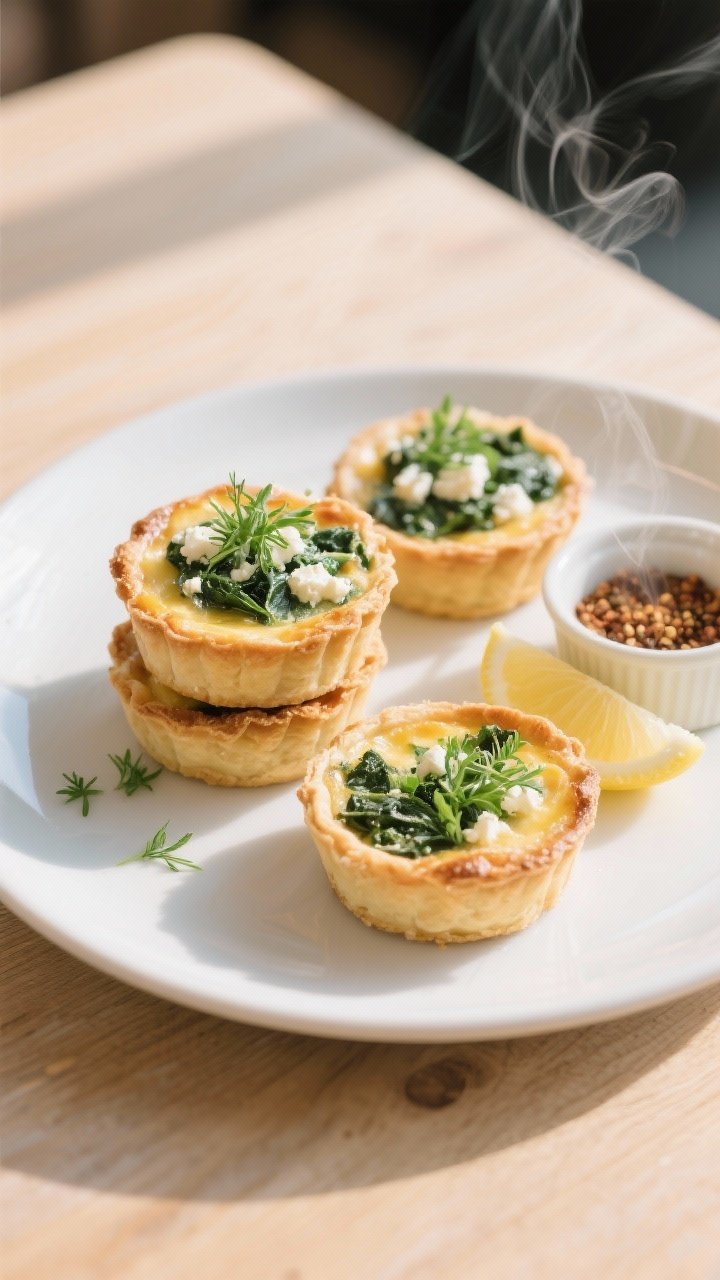 Final plated presentation: Beautifully arranged mini quiches on a matte white platter, three quiches