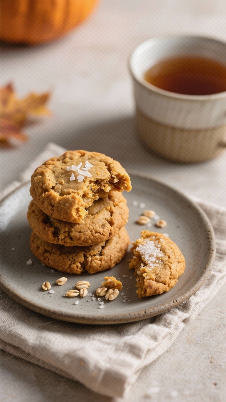 Final plated presentation: Beautifully plated freekeh pumpkin cookies stacked on a matte stoneware p