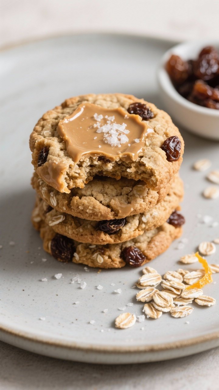 Final plated presentation: Beautifully plated stack of oatmeal raisin energy cookies on a matte cera