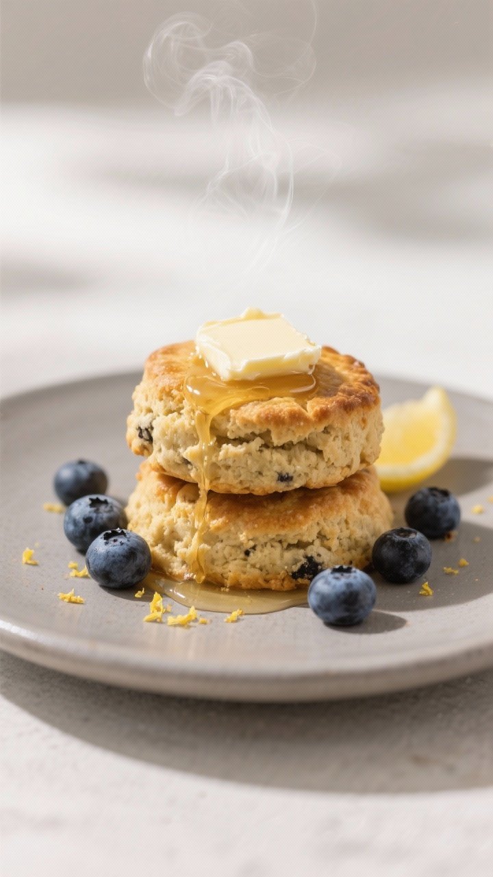 Final plated presentation: Beautifully plated stack of two golden einkorn blueberry scones on a matt
