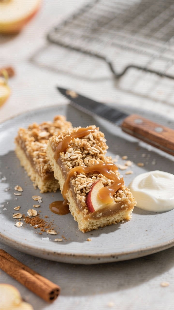 Final plated presentation: neatly sliced Millet Apple Crisp Bars on a matte ceramic plate, one bar s