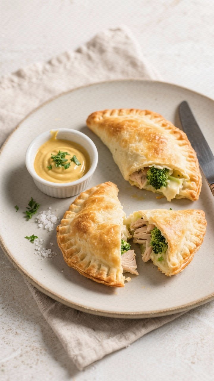 Final plated presentation of Chicken & Broccoli Pockets on a matte ceramic plate, two whole and one