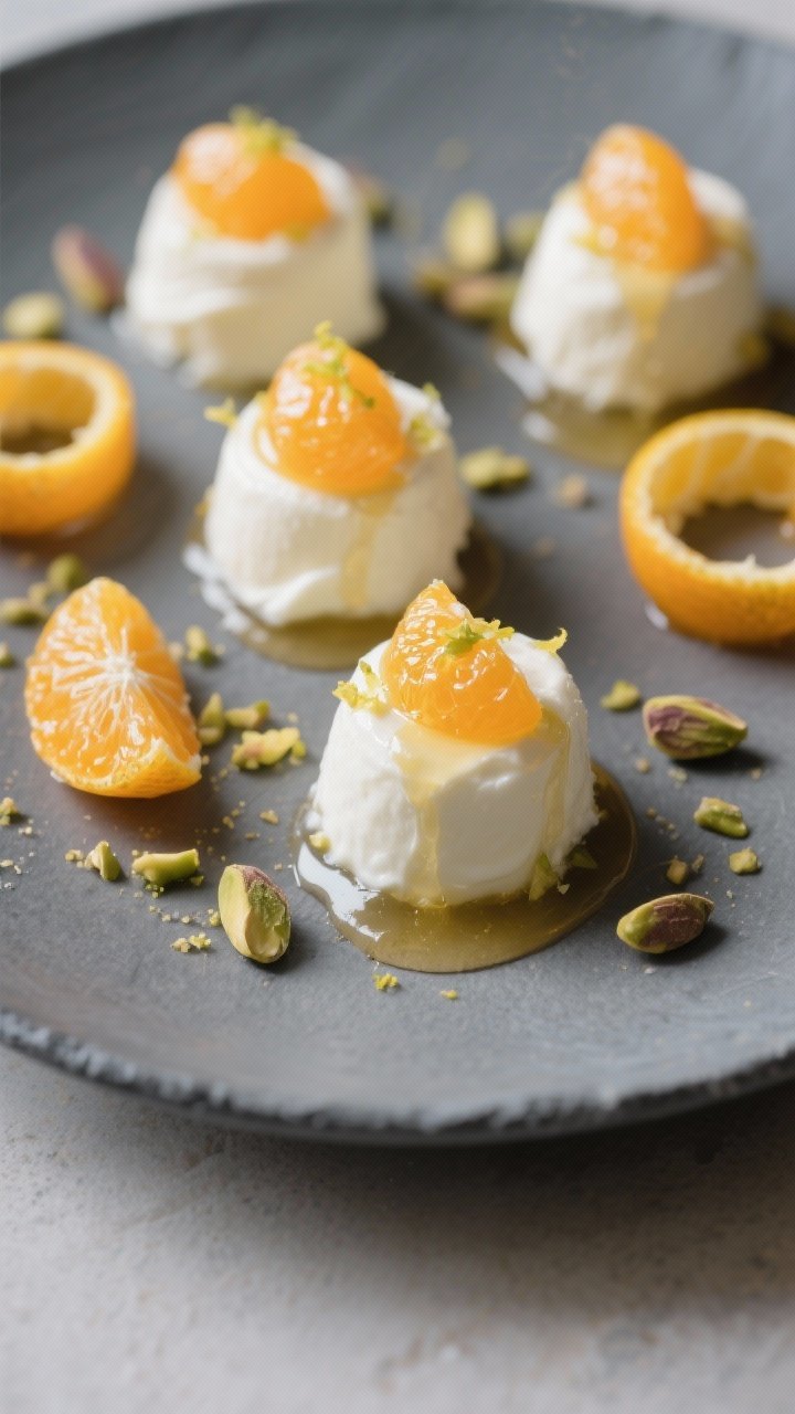 Final plated presentation: Restaurant-quality arrangement of finished kumquat yogurt bites on a matt