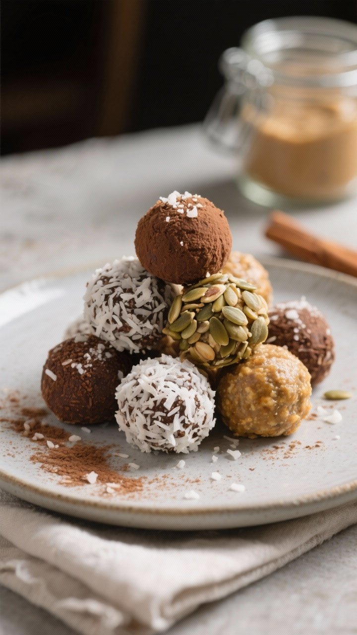 Final plated presentation: Restaurant-quality arrangement of Seed Butter Energy Orbs on a matte cera