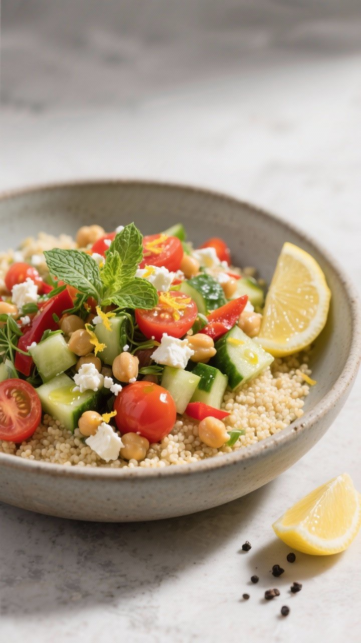 Final plated presentation: Restaurant-quality bowl of Veggie-Packed Couscous Salad served at room te
