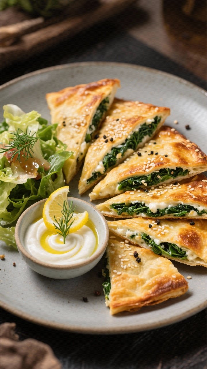 Final plated presentation: Restaurant-quality platter of Swiss Chard & Ricotta Triangles arranged in