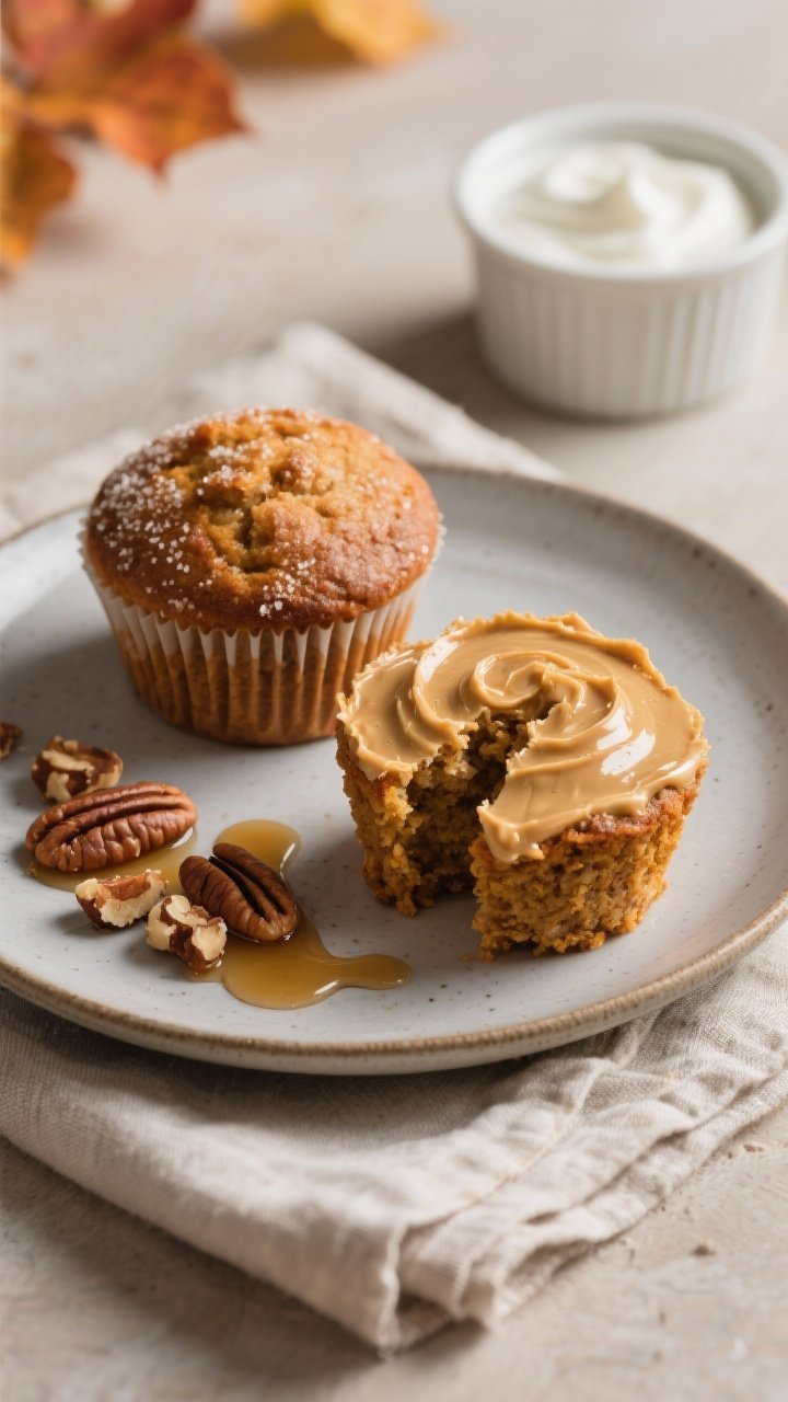Final plated presentation: Restaurant-quality scene of two pumpkin spice protein muffins on a matte 