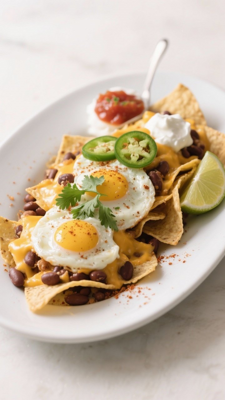 Final plated presentation: Restaurant-quality serving of breakfast nachos arranged on a wide white p