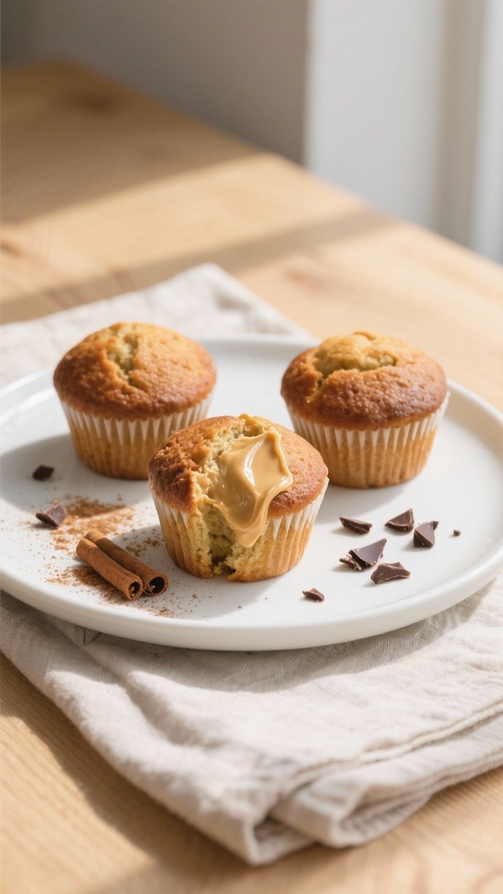 Final plated presentation: Three Wowbutter banana muffins with gently domed, evenly browned tops on 