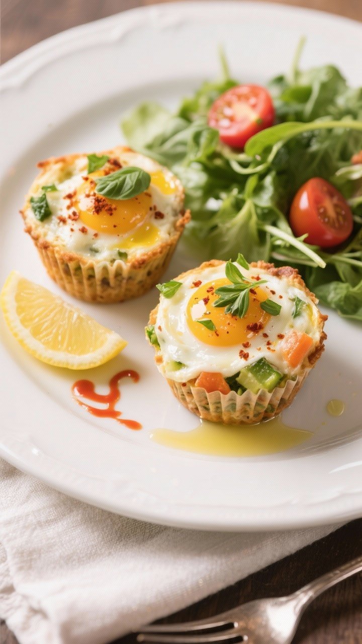 Final plated presentation: Two egg & veggie muffin cups on a white ceramic plate with a simple side