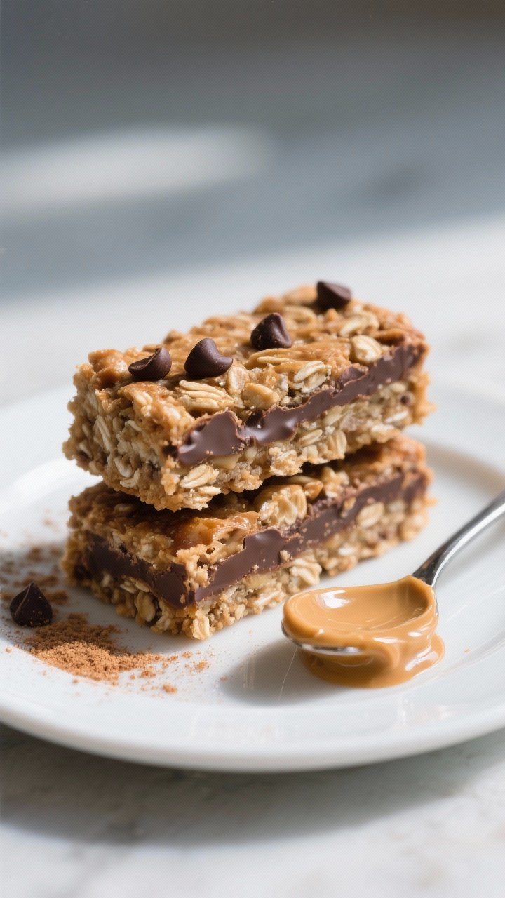 Plated peanut butter chocolate chip baked oatmeal bars stacked on a plate