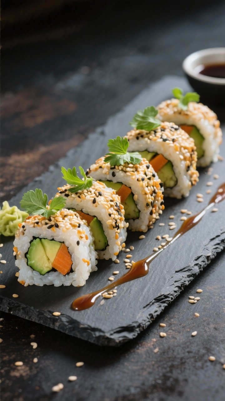 Final plated, restaurant-quality presentation: inside-out (uramaki) veggie rolls with rice on the ou