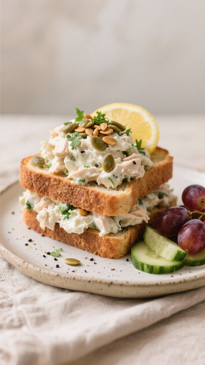Final plated sandwich hero shot: Thick toast stack with a generous scoop of Greek Yogurt Chicken Sal