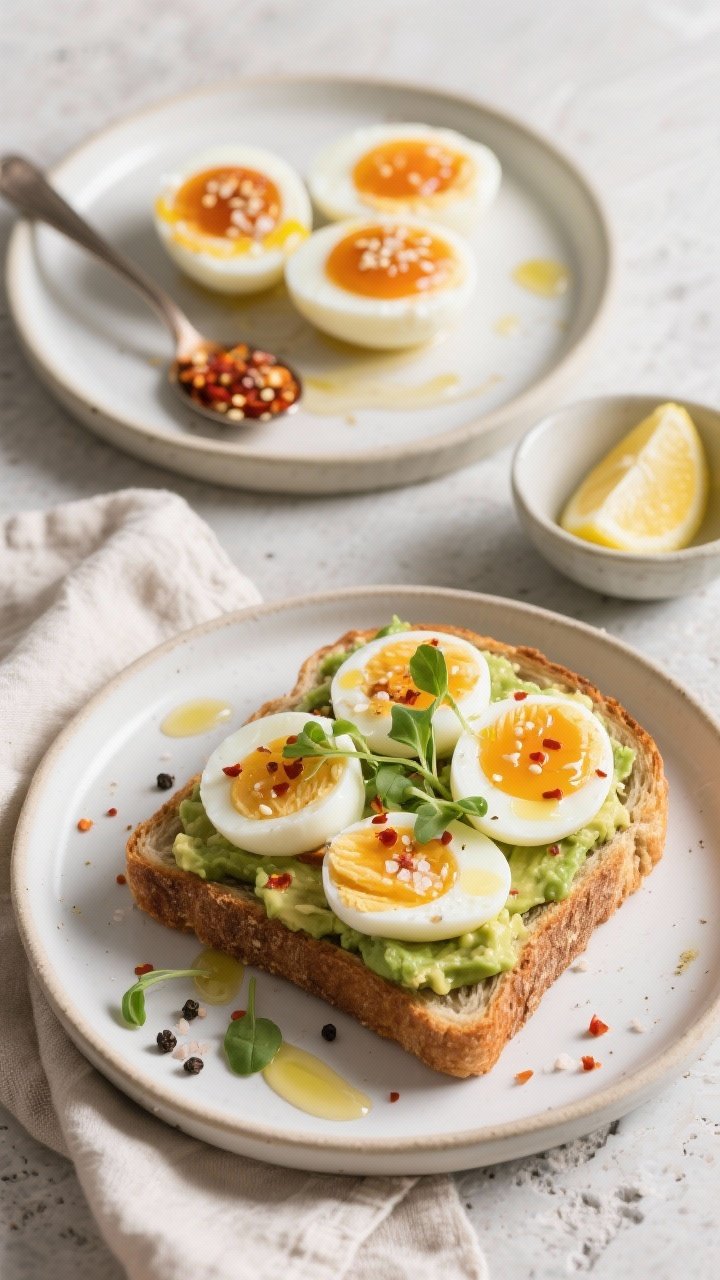 Final plated snack/lunch presentation: Beautifully plated hard-boiled egg toast—thick sourdough sl