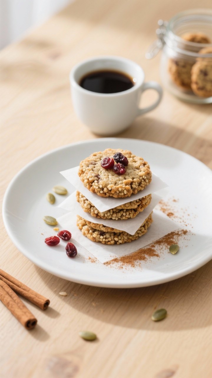 Final plated, top-down breakfast scene: a tidy stack of Quinoa Breakfast Cookies on a matte white pl