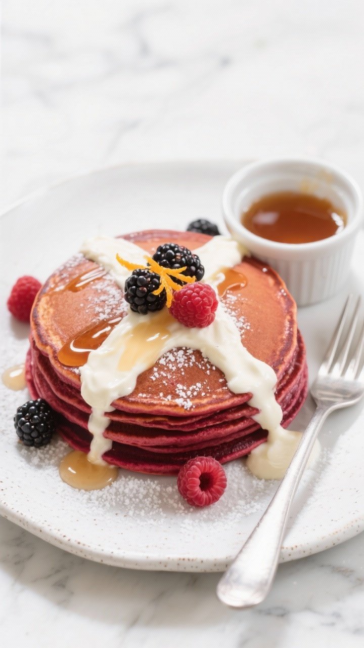 Final plated top-down shot: Elegant brunch presentation of Beet-Red Velvet Pancakes, neatly stacked 