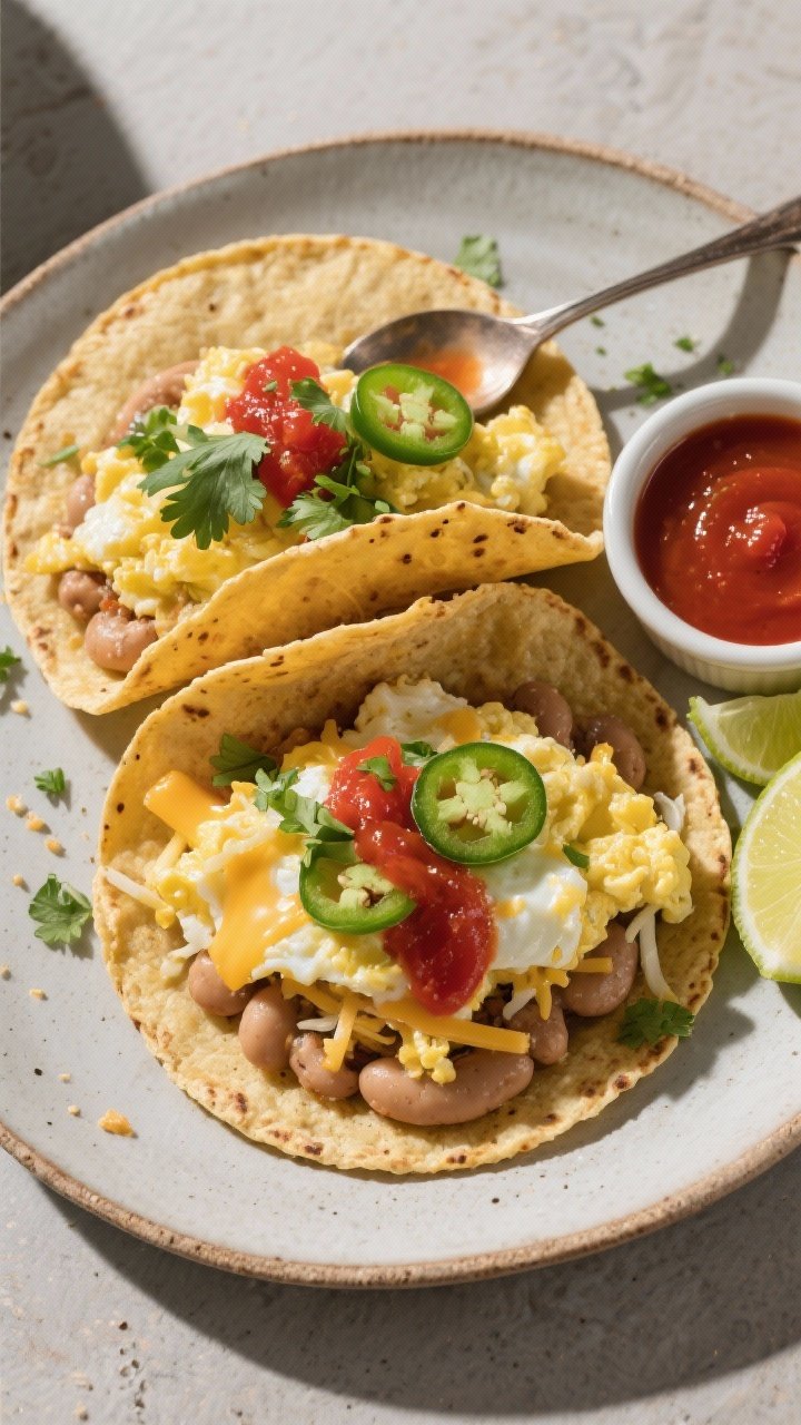 Final plated top view: Overhead shot of assembled breakfast tacos on a matte ceramic plate—warm co
