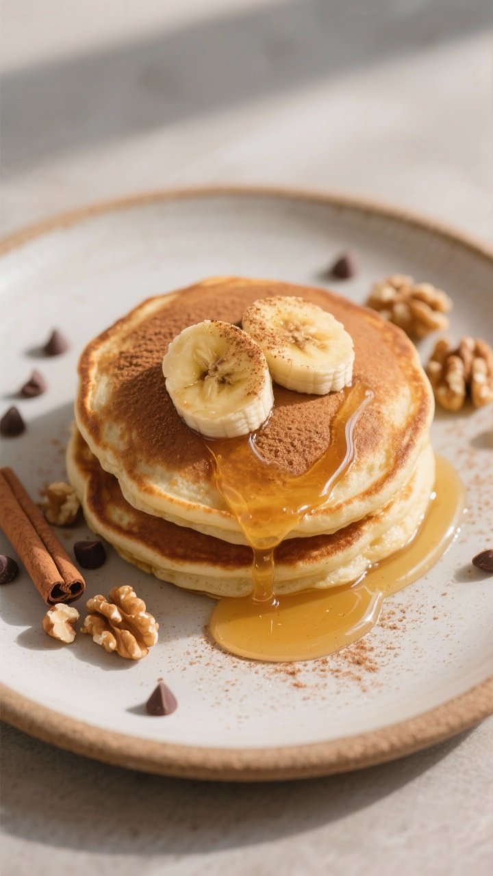 Final plated variation: Cinnamon Banana version plated beautifully—two pancakes on a warm stonewar