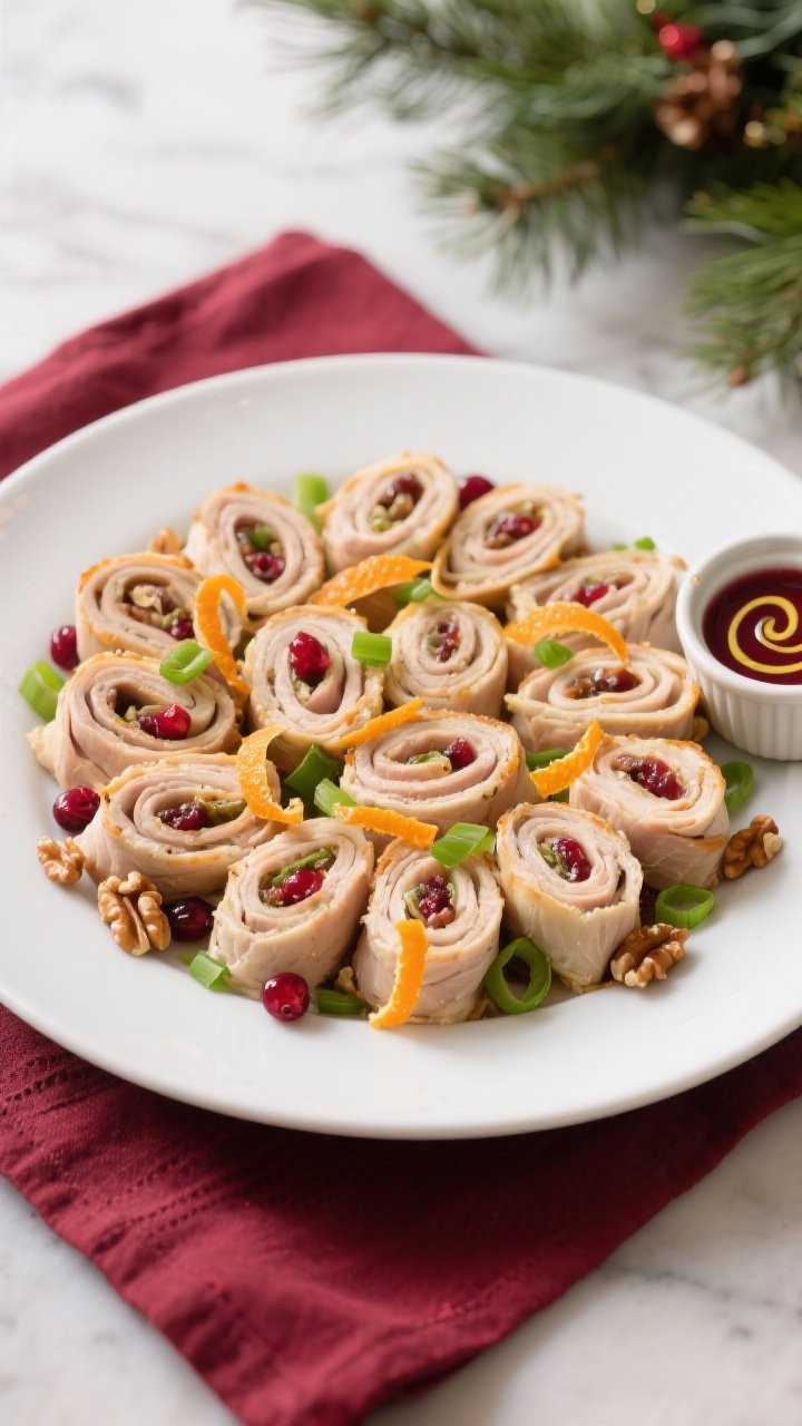 Final platter presentation: restaurant-quality arrangement of Turkey & Cranberry Pinwheels in concen