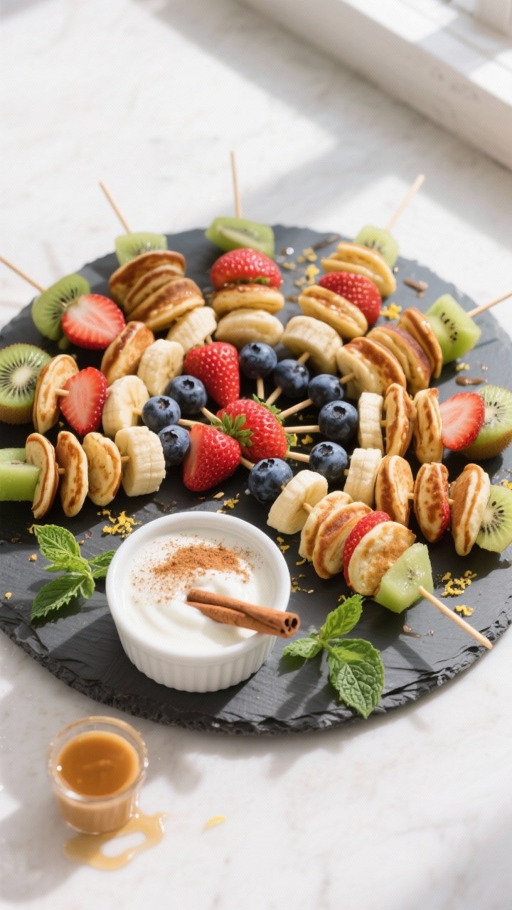 Final presentation: Beautiful brunch board of assembled Protein Pancake Skewers arranged in a fan on