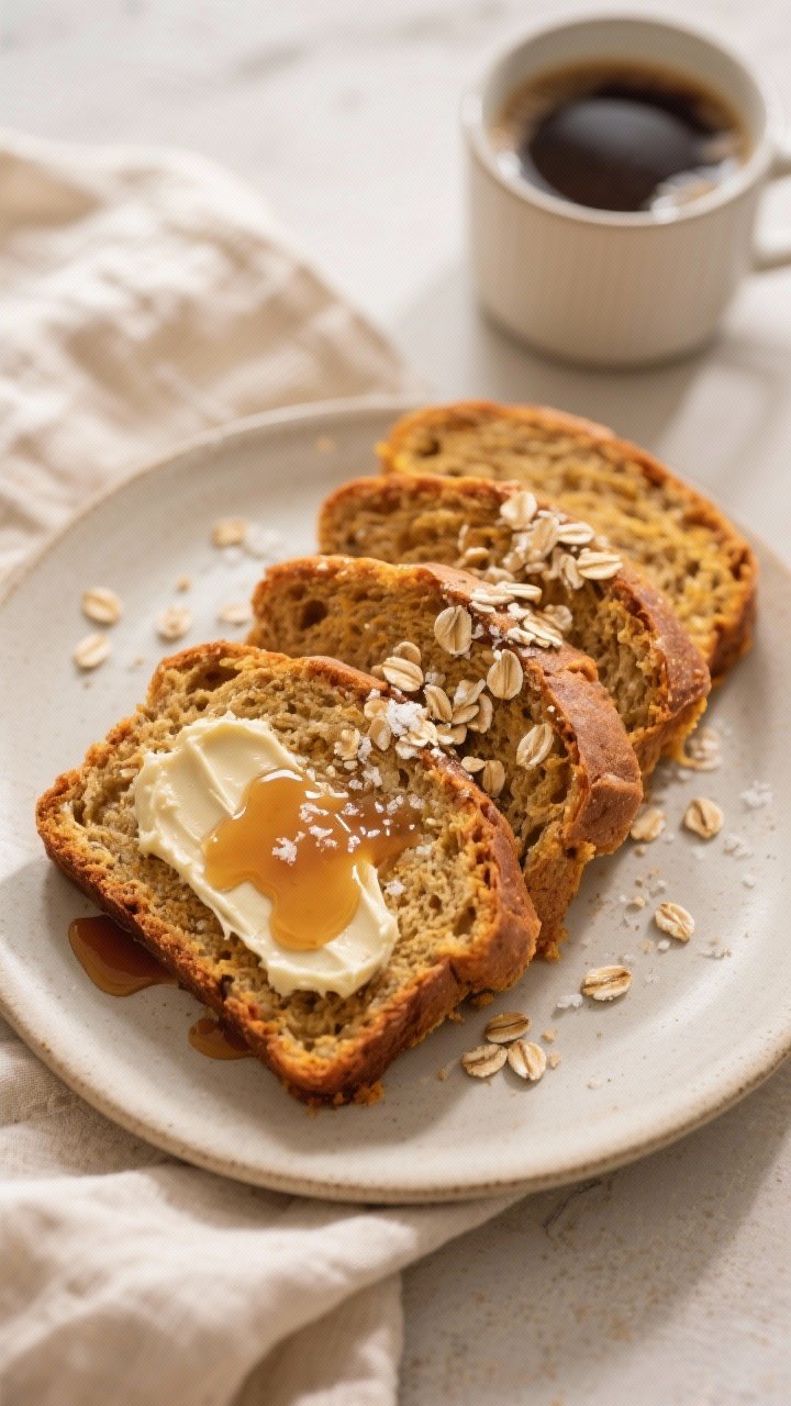Final presentation: Beautifully plated slices of Oat Butter Pumpkin Bread arranged slightly fanned o
