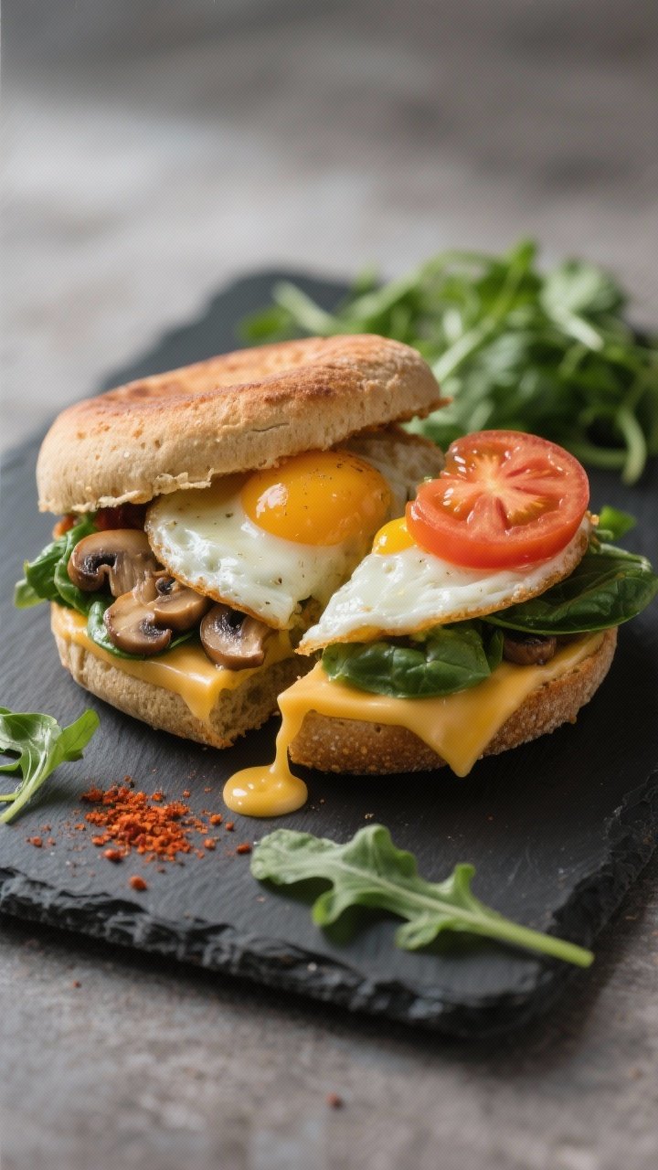 Final presentation, composed plate: Veggie Sunrise variation sliced in half to show layers—whole w