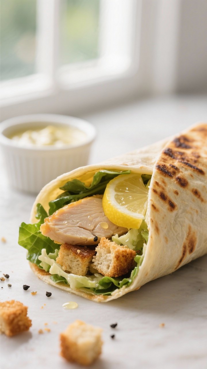 Final presentation detail: Extreme close-up of a toasted wrap seam-side down, showing a golden, ligh