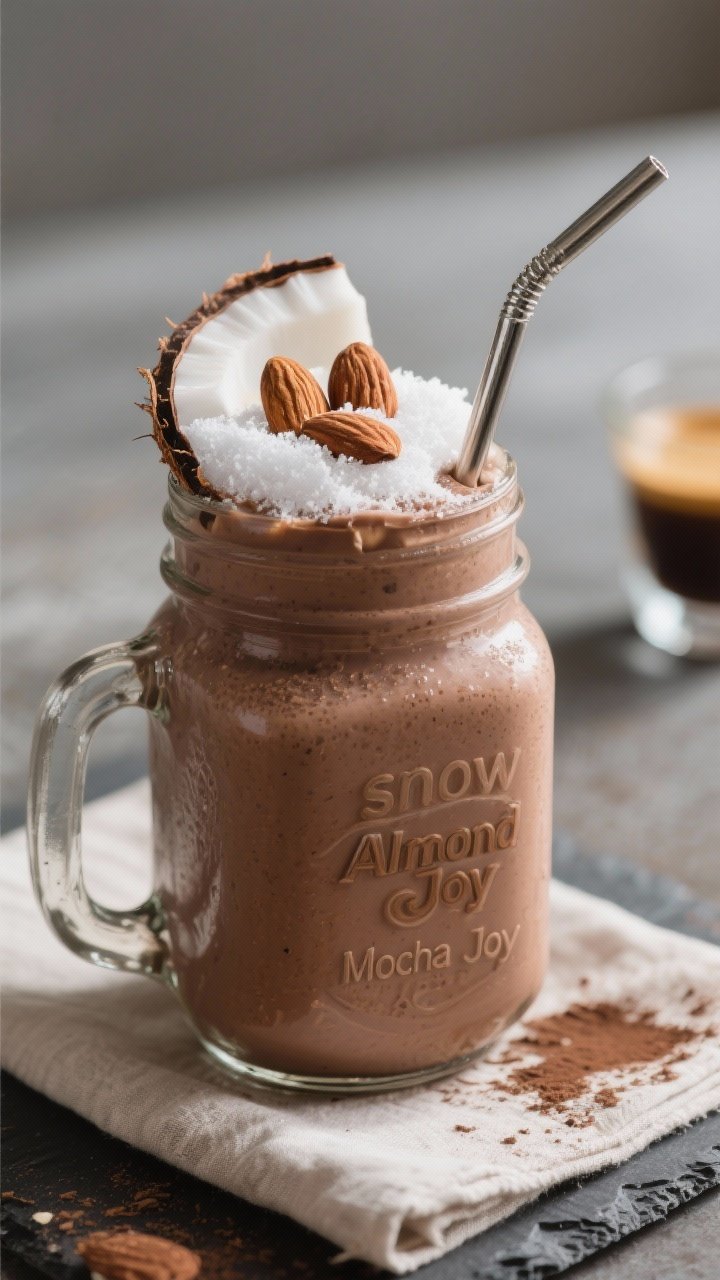 Final presentation hero shot of a thick, frosty Almond Joy Smoothie served in a frosted mason jar wi