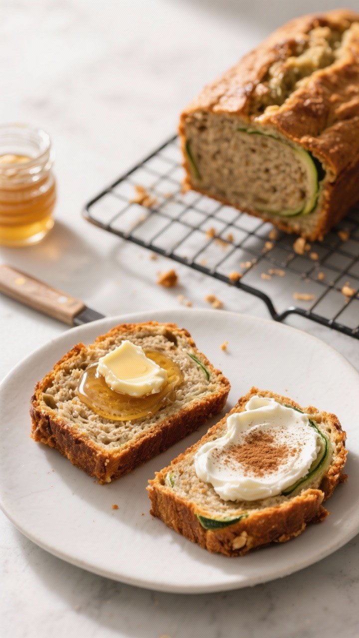 Final presentation: Overhead breakfast scene of the finished Farro Zucchini Bread, two slices toaste