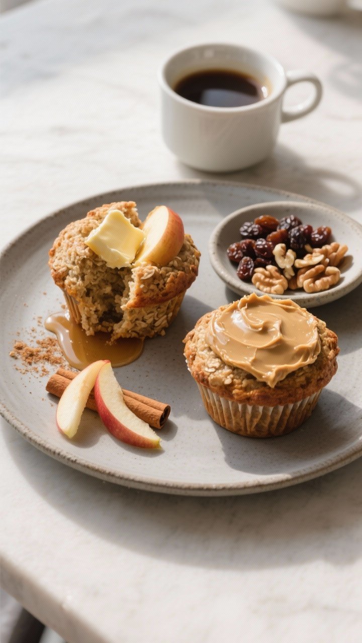 Final presentation: Restaurant-quality plated breakfast scene—two oat bran apple muffins warmed an