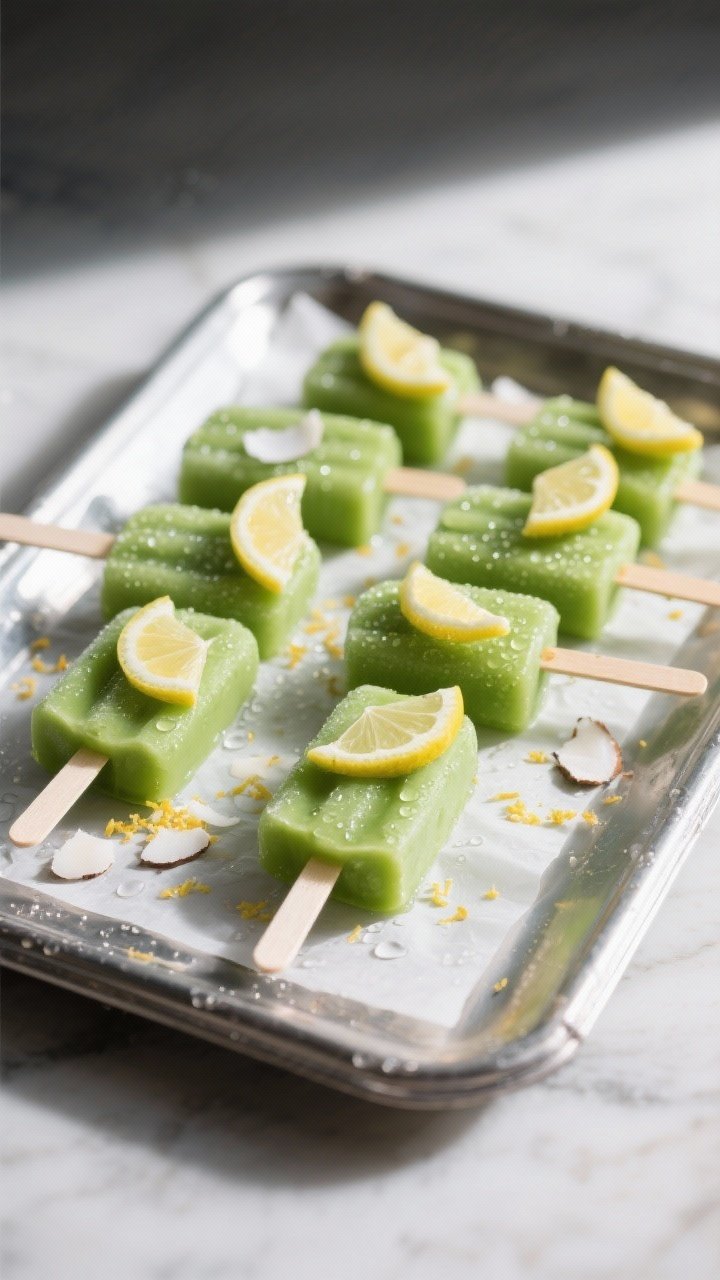 Final presentation shot: A set of finished Dandelion Green Smoothie Pops arranged on a chilled metal