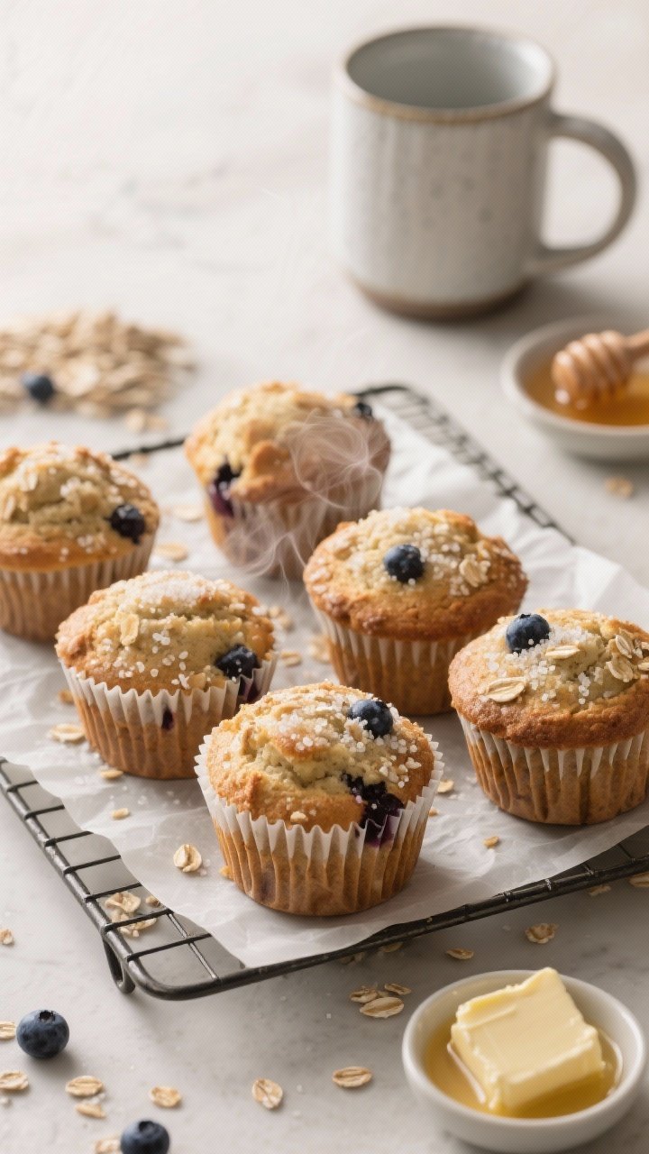 Final presentation shot: Bakery-style blueberry oat muffins with high domes, set on a cooling rack o